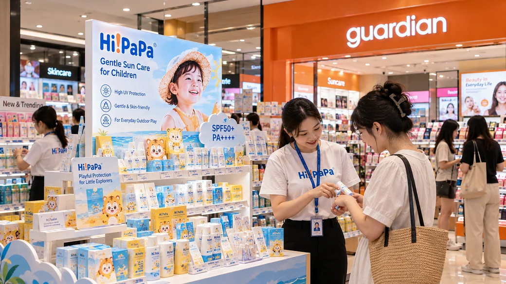 Concept visual of a Hi!papa children’s sun care experience counter in a Guardian setting